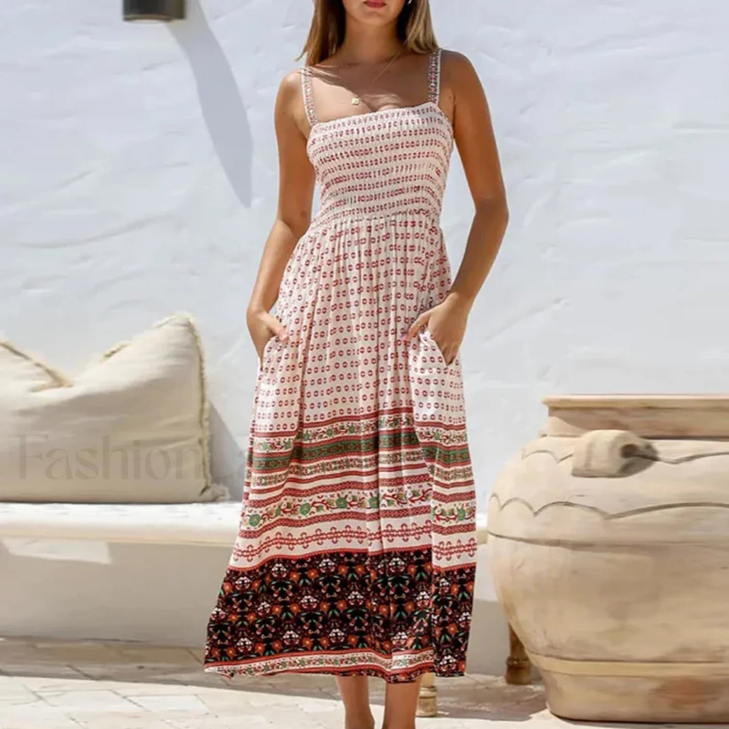 Off Shoulder Pocket Boho Dress 01 Print / S