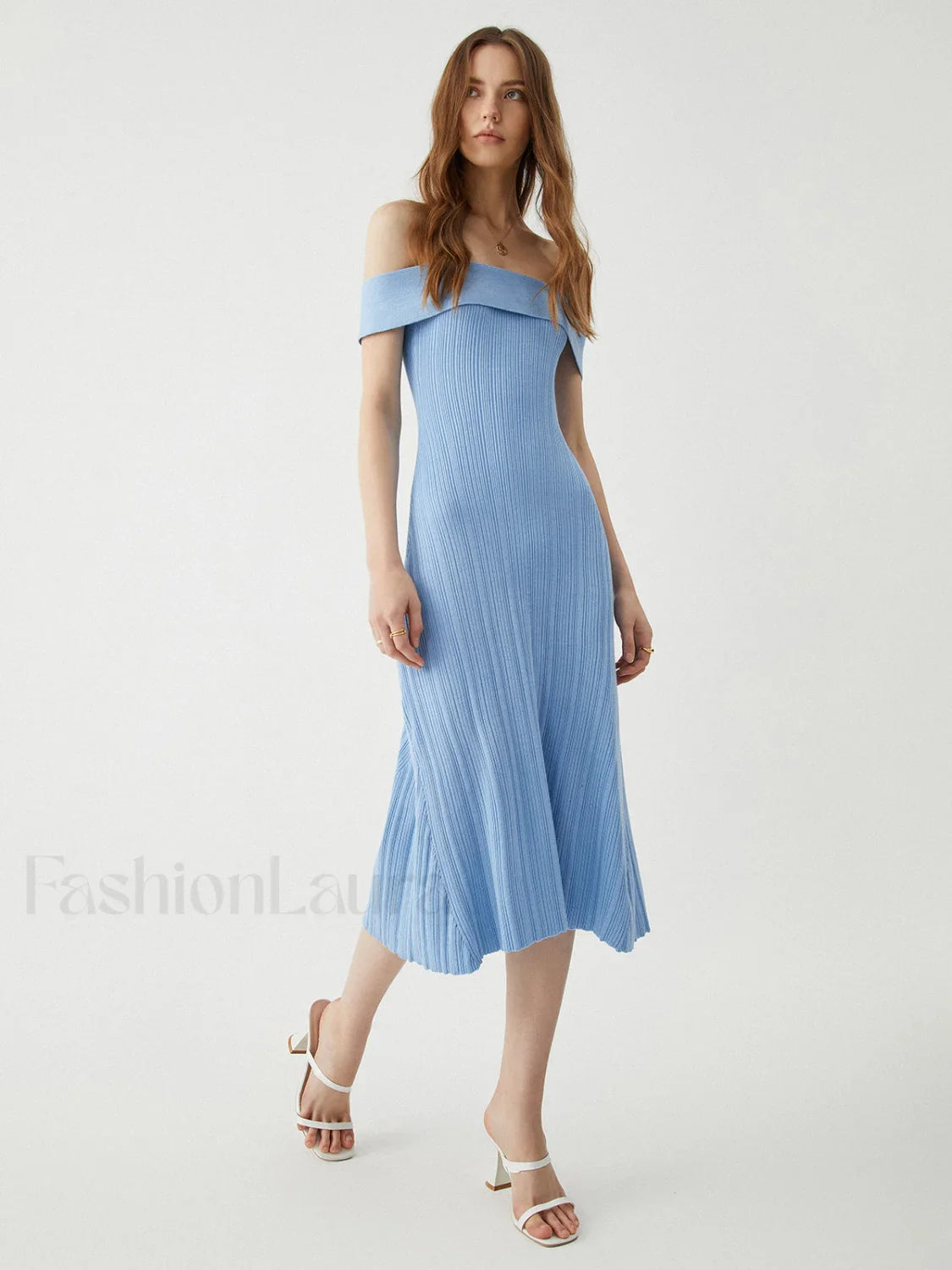 Off Shoulder Ribbed Graceful Midi Sweater Dress Blue / S Sweaters L