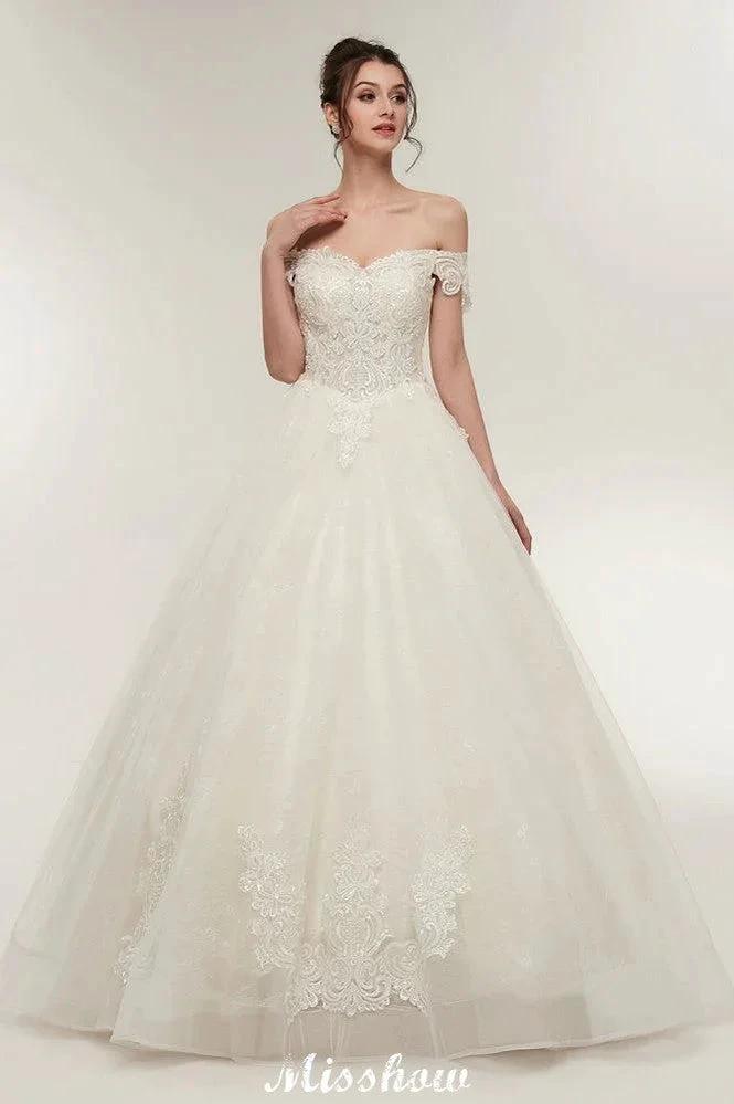 Off-shoulder Sweetheart A-line Lace-up Floor Length Lace Appliques Wedding Dresses (ZD13952)
