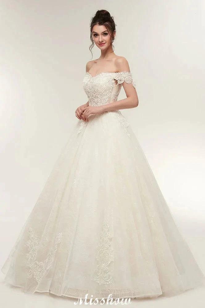 Off-shoulder Sweetheart A-line Lace-up Floor Length Lace Appliques Wedding Dresses (ZD13952)