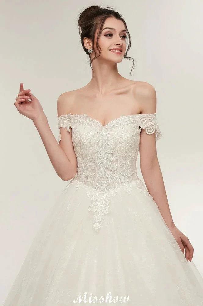 Off-shoulder Sweetheart A-line Lace-up Floor Length Lace Appliques Wedding Dresses (ZD13952)