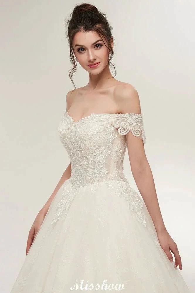 Off-shoulder Sweetheart A-line Lace-up Floor Length Lace Appliques Wedding Dresses (ZD13952)