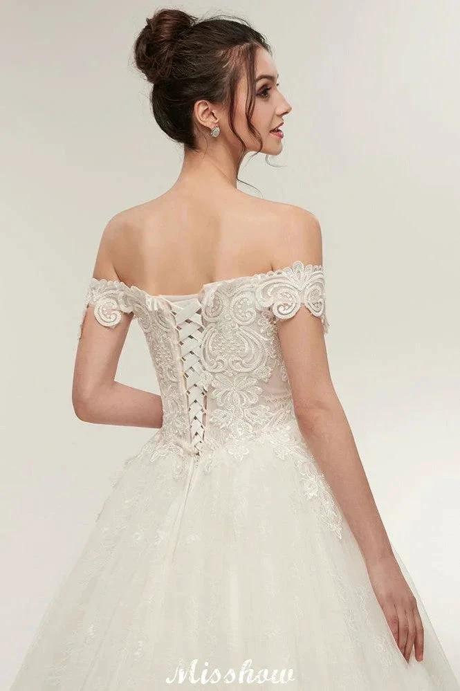 Off-shoulder Sweetheart A-line Lace-up Floor Length Lace Appliques Wedding Dresses (ZD13952)