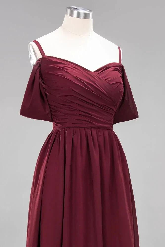 Off-the-Shoulder A-line Chiffon Bridesmaid Dress Floor-Length Wedding Guest Dress (ZD13091)