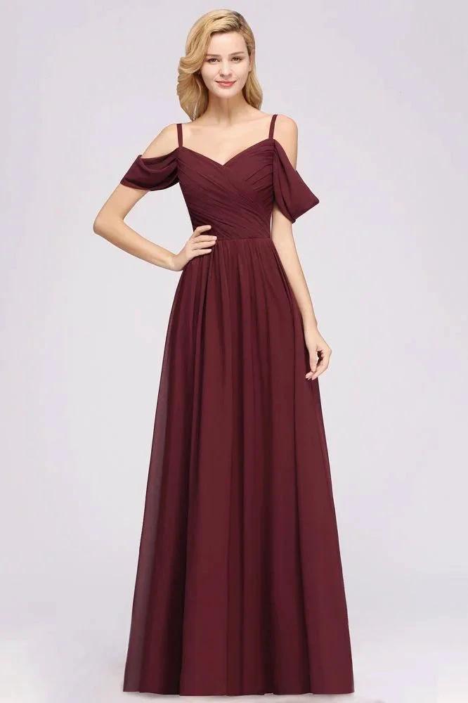 Off-the-Shoulder A-line Chiffon Bridesmaid Dress Floor-Length Wedding Guest Dress (ZD13091)