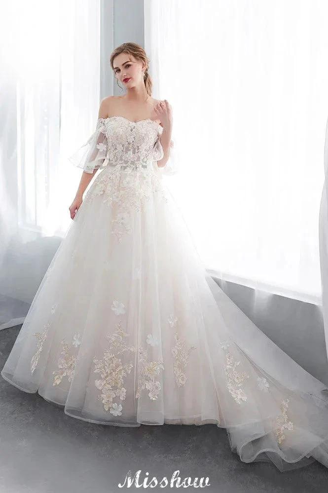 Off-the-shoulder Aline Ball Gown Floor Length Appliques Tulle Wedding Dress (ZD13959)