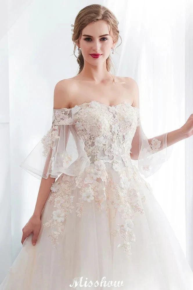 Off-the-shoulder Aline Ball Gown Floor Length Appliques Tulle Wedding Dress (ZD13959)