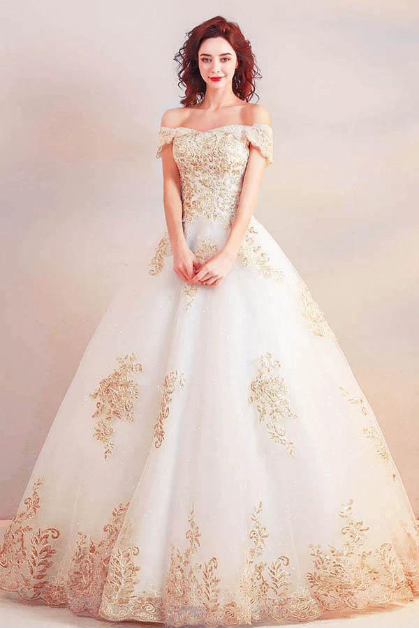 Off the Shoulder Ball Gown Long Wedding Dress with Gold Appliques (ZD15361) - VelvetHem