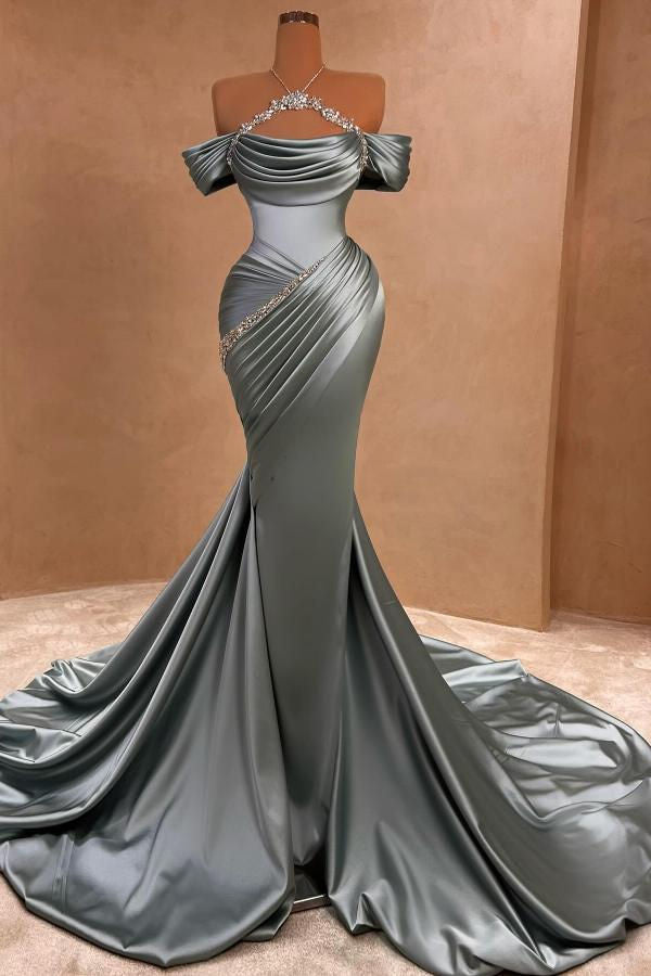 Off-the-Shoulder Cap sleeves Gray Shiny Satin Court Train Prom Dresses