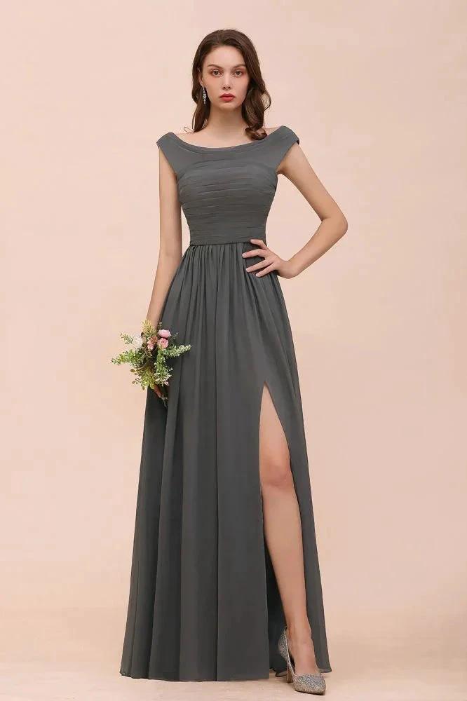 Off the Shoulder Front Side Split Bridesmaid Dress A-line Wedding Guest Dress by misshow.com