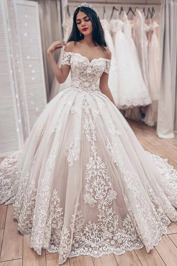 Off the Shoulder Lace Appliques Ball Gown Wedding Dress (ZD16266)