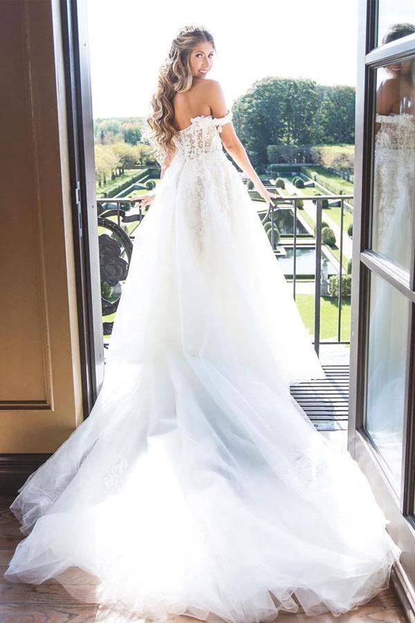 Off The Shoulder Lace Appliques Modest Tulle Princess Wedding Dress (ZD15316)