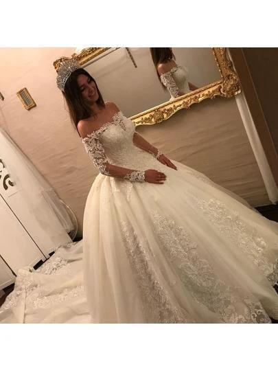 Off The Shoulder Long Sleeves Appliques Ball Gown Wedding Dress (ZD15442)