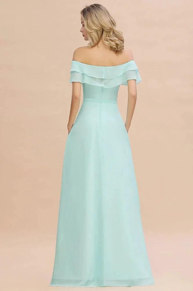 Off the Shoulder Mini-Green Front Slit Bridesmaid Dress Aline Beach Wedding Dress (ZD12961)