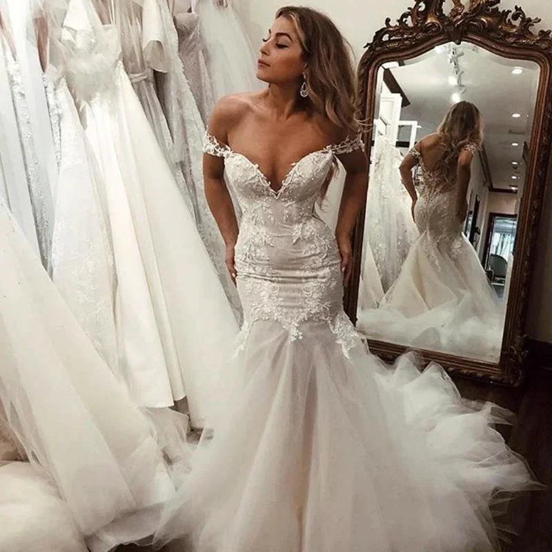 Off the Shoulder Pretty Mermaid Lace Long Tulle Elegant Wedding Dresses (ZD14733)