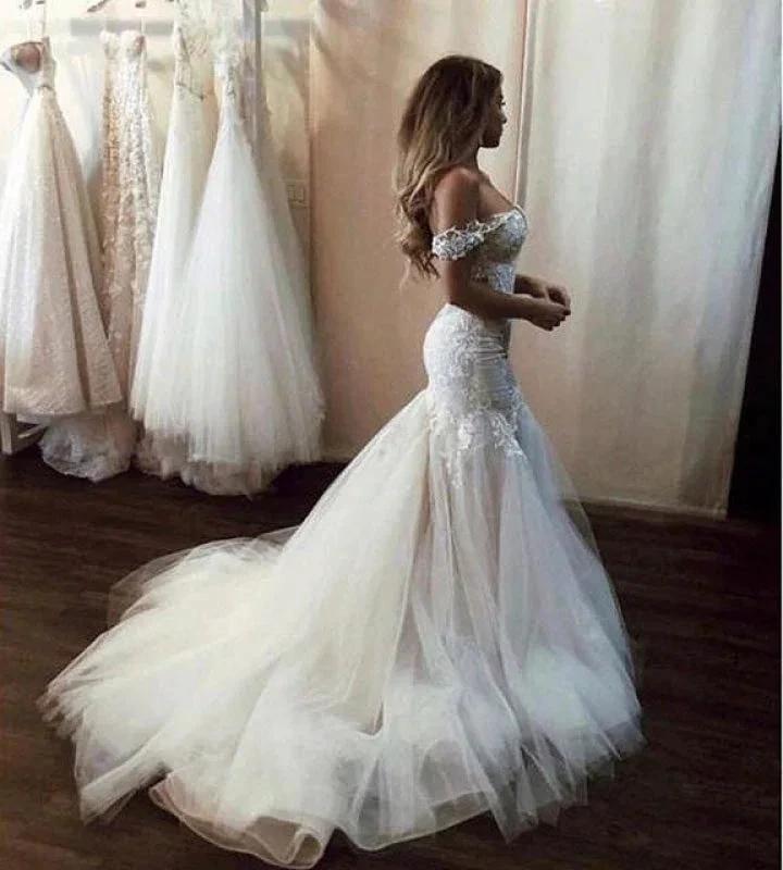 Off the Shoulder Pretty Mermaid Lace Long Tulle Elegant Wedding Dresses (ZD14733)