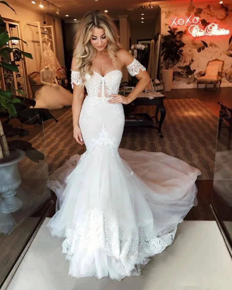 Off-the-Shoulder Puffy Tulle Wedding Dress Mermaid Appliques Sweep Train Bridal Wears (ZD13860)