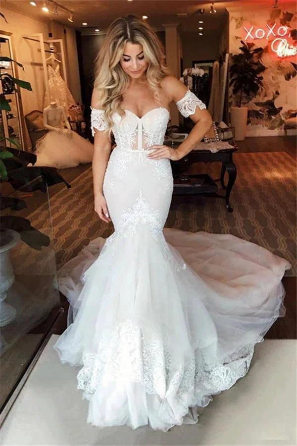 Off-the-Shoulder Puffy Tulle Wedding Dress Mermaid Appliques Sweep Train Bridal Wears (ZD13860)