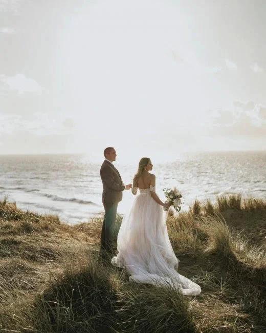 Off-the-Shoulder Simple Wedding Dress Tulle Lace Aline Beach Wedding Dress (ZD14756)
