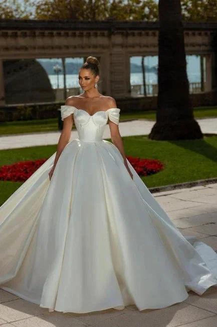 Off-the-Shoulder Sweetheart Ball Gown Satin Sleeveless Garden Bridal Dress (ZD14760)