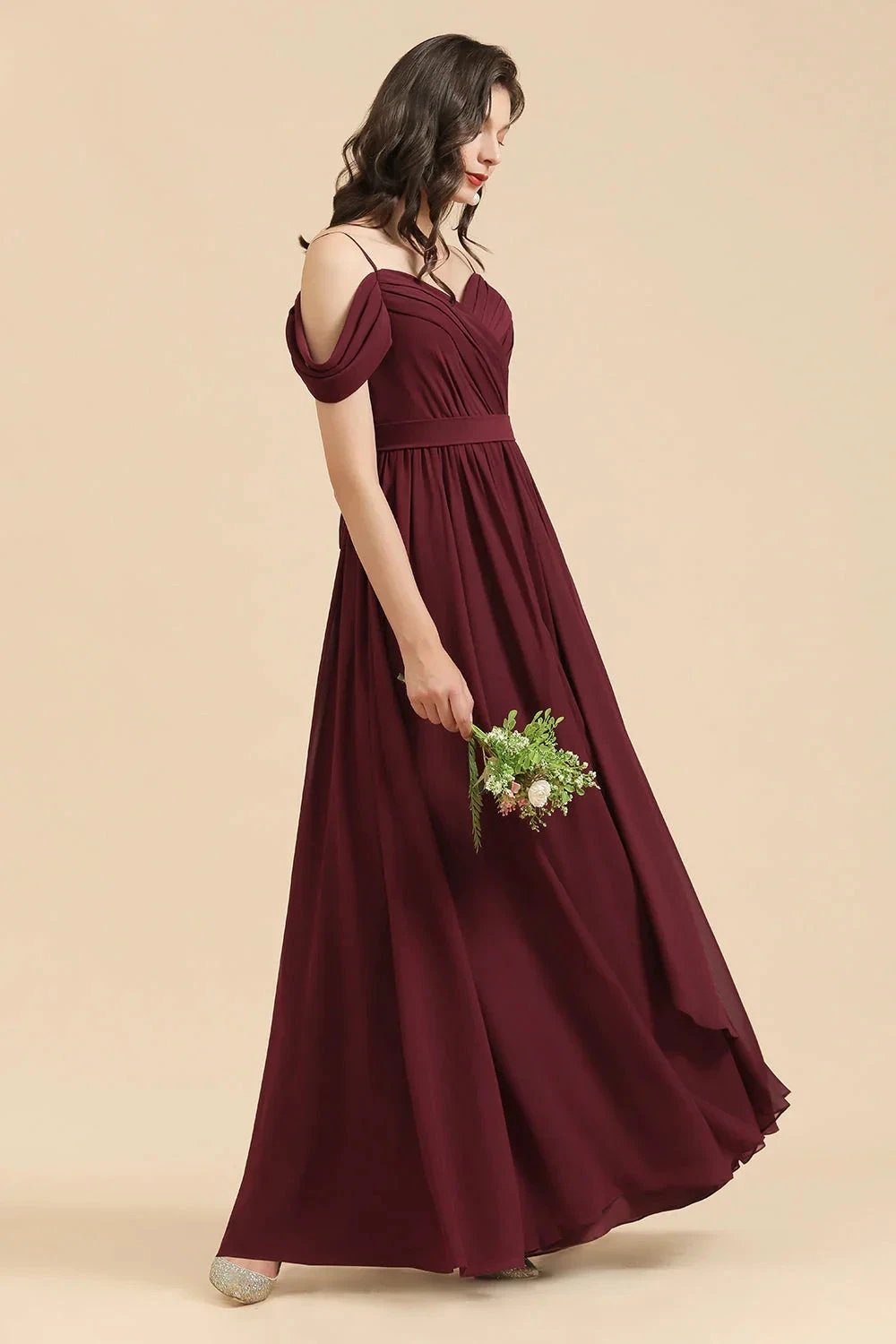 Off-the-Shoulder Sweetheart Burgundy Long Bridesmaid Dress With Slit (ZD12872)