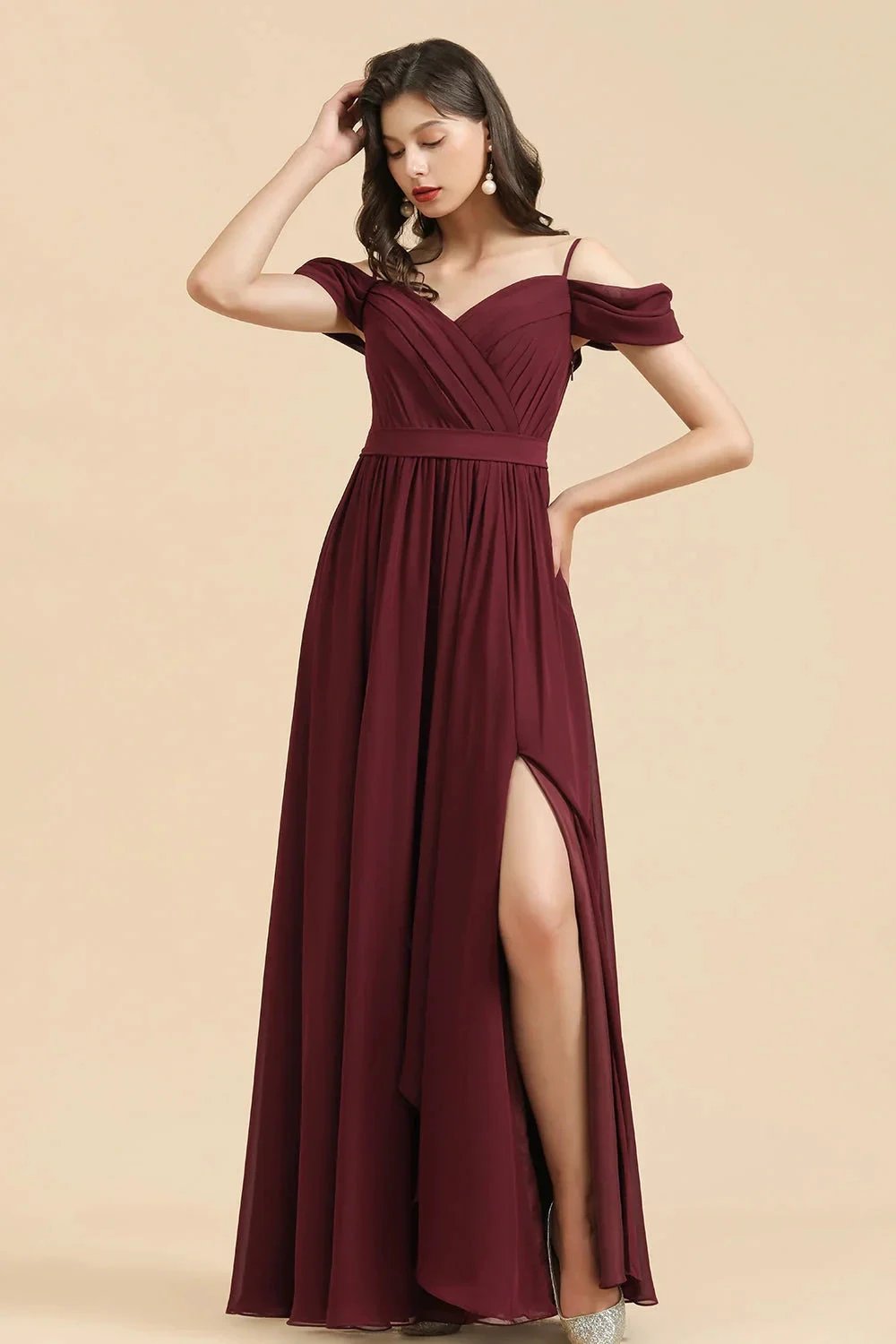 Off-the-Shoulder Sweetheart Burgundy Long Bridesmaid Dress With Slit (ZD12872)