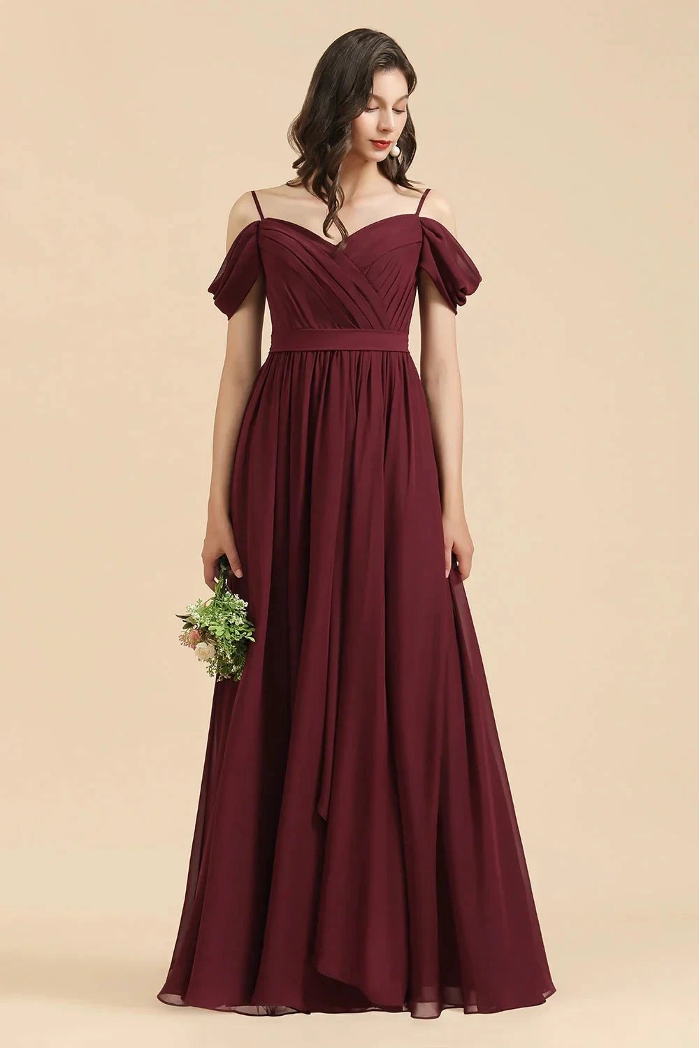 Off-the-Shoulder Sweetheart Burgundy Long Bridesmaid Dress With Slit (ZD12872)