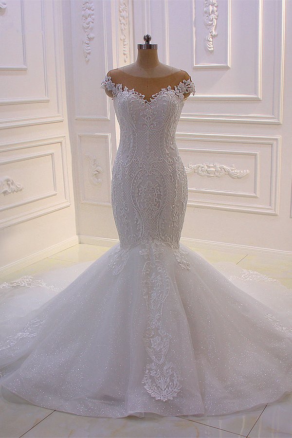 Off-the-Shoulder Sweetheart White Lace Appliques Tulle Mermaid Wedding Dress
