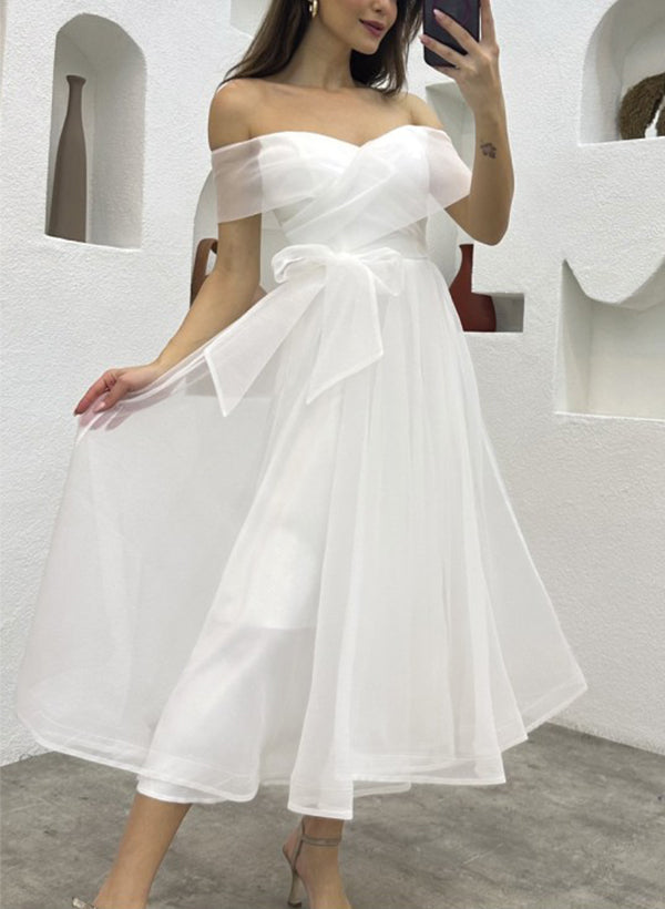 Off-The-Shoulder Tea-Length Tulle Wedding Dresses Bows