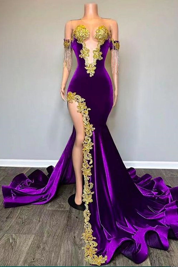Off-the-Shoulder V-Neck Gold Appliques Mermaid Velvert Prom Dresses