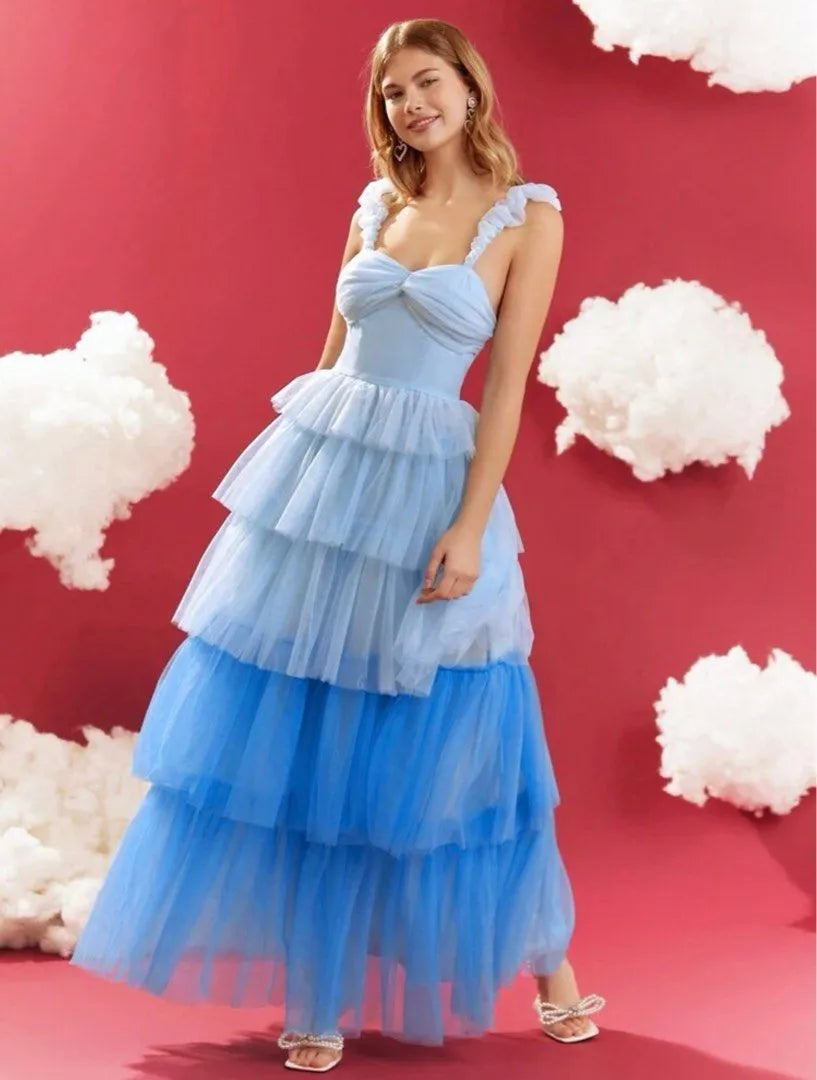 Patchwork Blue Prom Dress A-Line Strapless Spaghetti Strap Tiered Ruched Formal Evening Dress Floor Length Party Gown