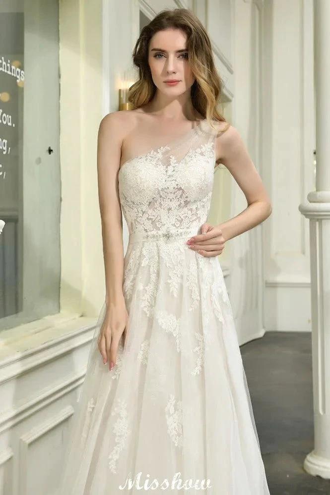 One Shoulder Aline Tulle Wedding Dress Sleeveless Spring Beach Bridal Gown (ZD13967)
