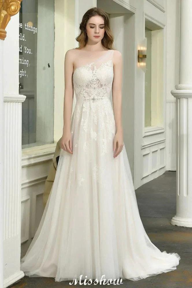 One Shoulder Aline Tulle Wedding Dress Sleeveless Spring Beach Bridal Gown by misshow.com