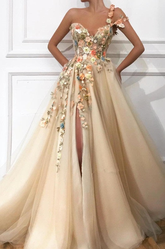 One-Shoulder Ball Gown Prom Dress Applique Light Gold V-Neck Long Tulle