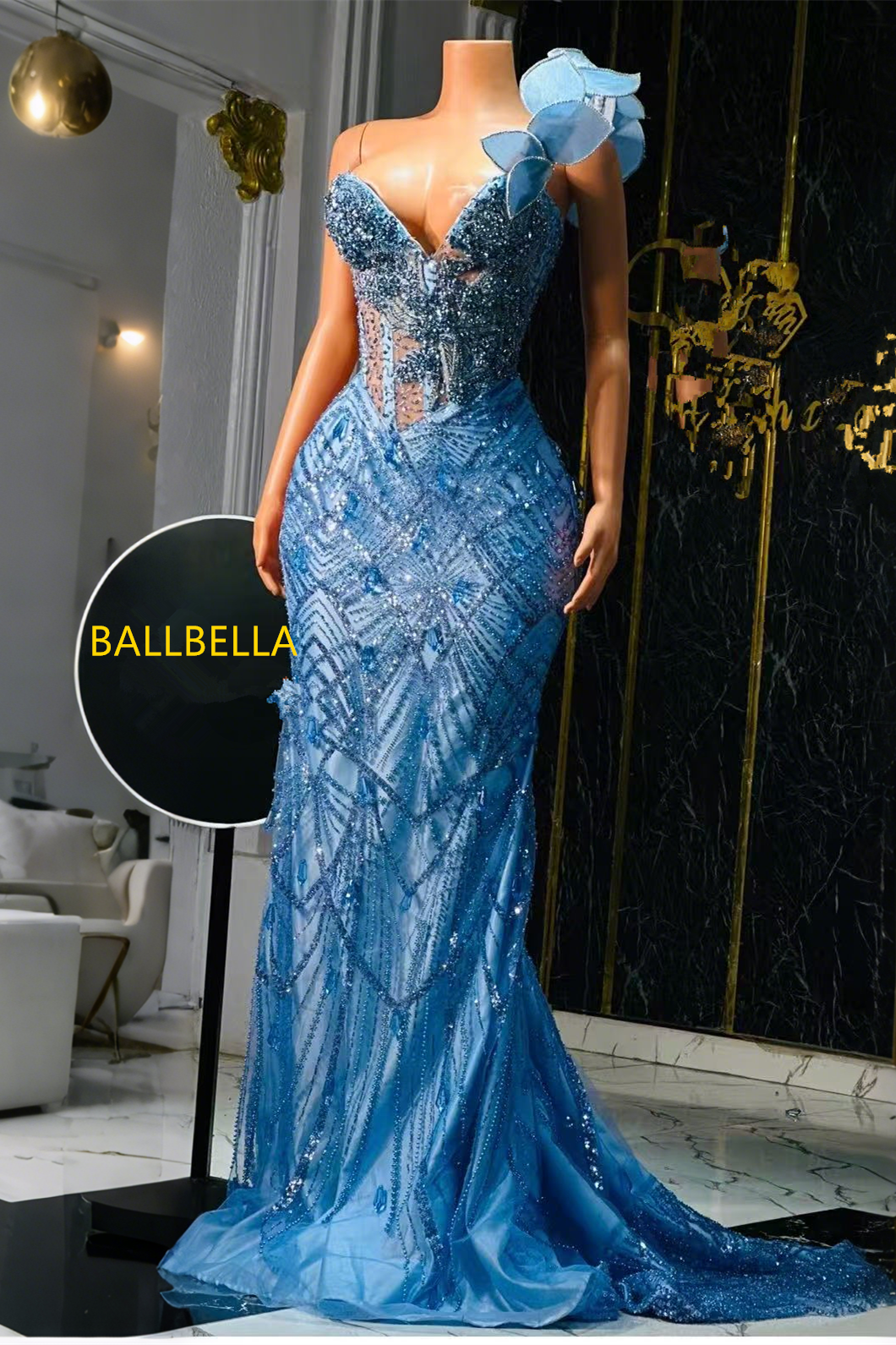 One-Shoulder Dusty blue Mermaid Court Train Sparkle Prom Dresses