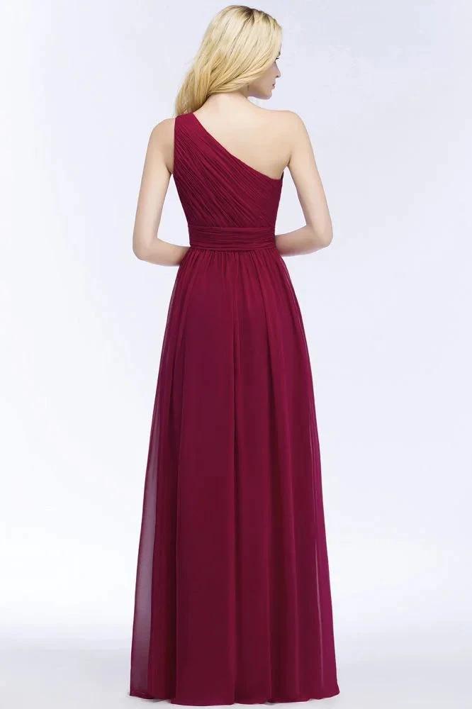 One-shoulder Floor Length Burgundy Ruffled Chiffon A-line Bridesmaid Dresses (ZD13036)