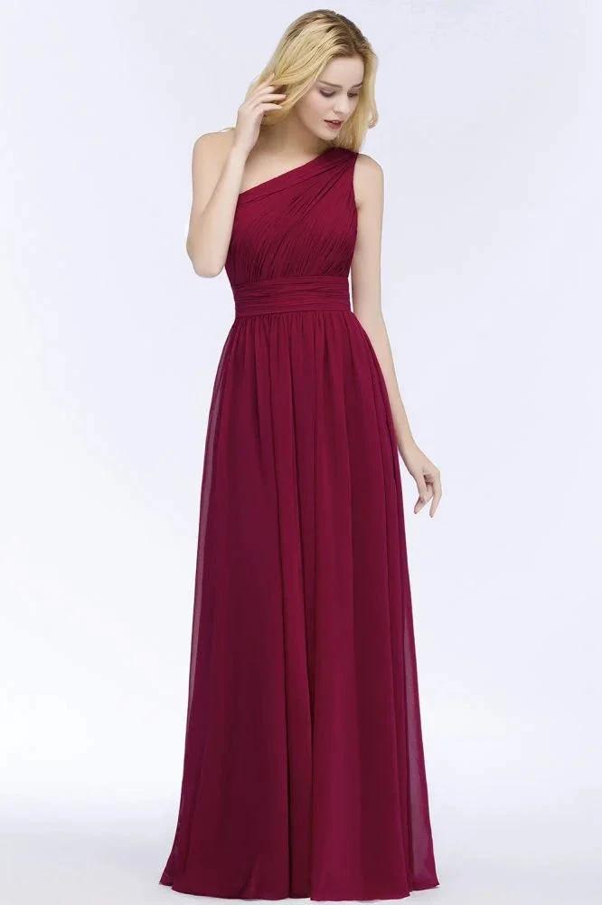 One-shoulder Floor Length Burgundy Ruffled Chiffon A-line Bridesmaid Dresses (ZD13036)