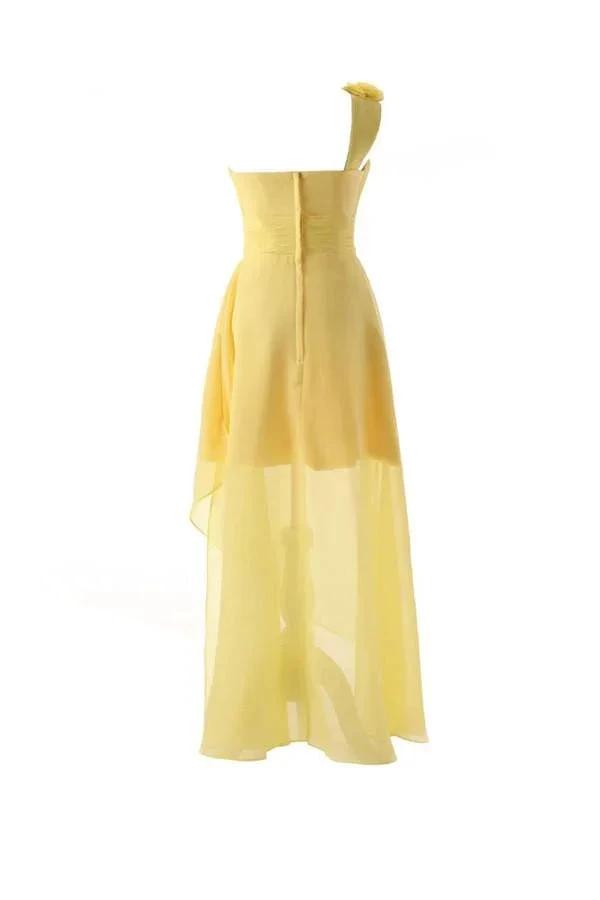 One Shoulder Floor Length Chiffon Yellow Bridesmaid Dress With Flower (ZD13194)