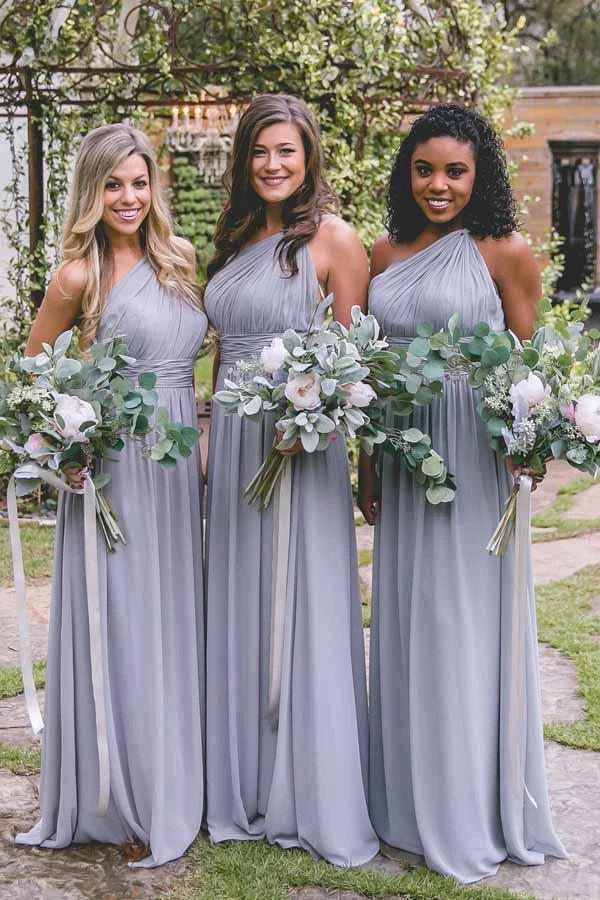 One-Shoulder Floor-Length Open Back Gray Chiffon Bridesmaid Dress (ZD13215)