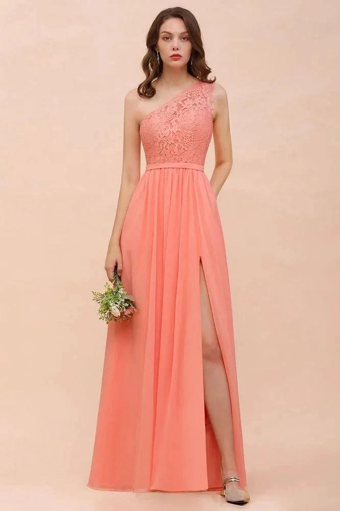 One Shoulder Floral Bridesmaid Dress Side Split Formal Wedding Guest Dress with Pocket by misshow.com
