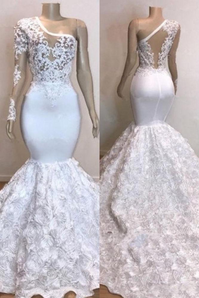 One-Shoulder Lace Appliques Meramid Prom Dresses with sleeve