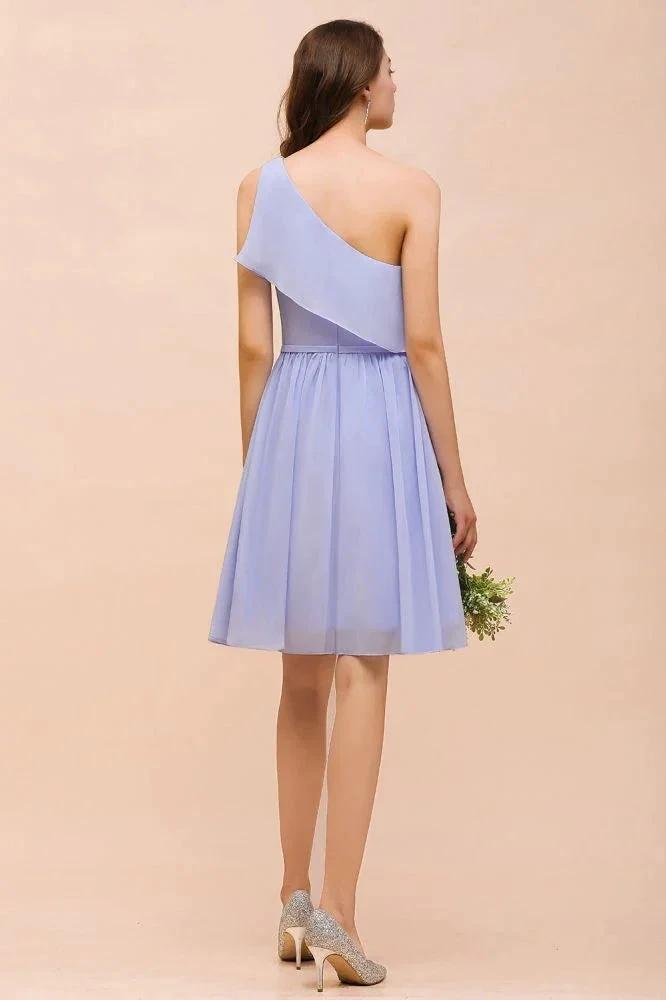 One Shoulder Lavender Mini Bridesmaid Dress Chiffon Knee Length Simple Daily Dress (ZD12987)