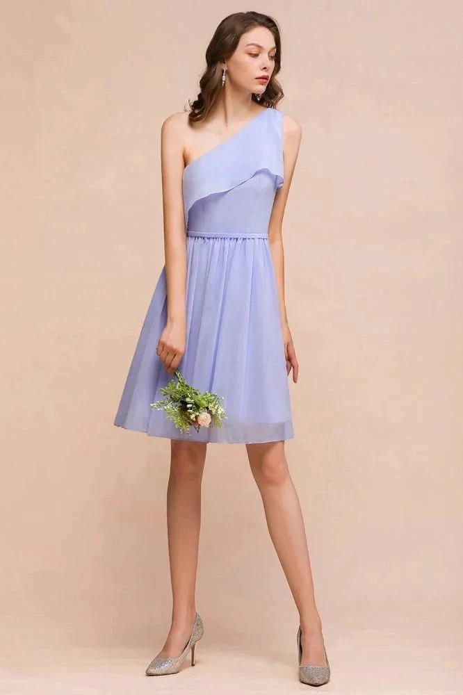 One Shoulder Lavender Mini Bridesmaid Dress Chiffon Knee Length Simple Daily Dress (ZD12987)