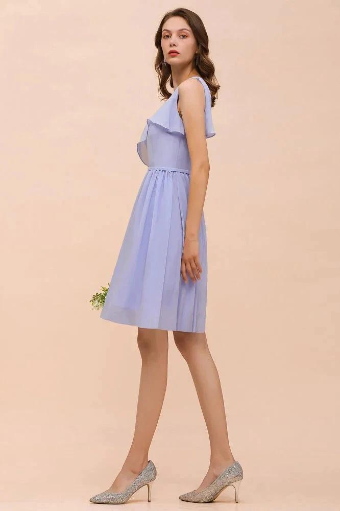 One Shoulder Lavender Mini Bridesmaid Dress Chiffon Knee Length Simple Daily Dress (ZD12987)