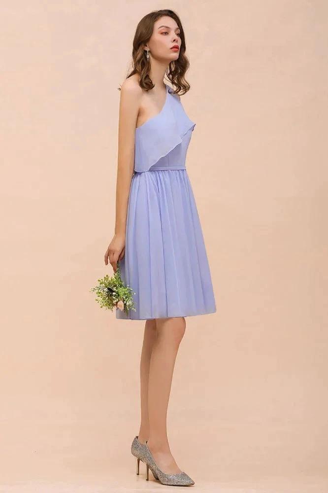 One Shoulder Lavender Mini Bridesmaid Dress Chiffon Knee Length Simple Daily Dress (ZD12987)
