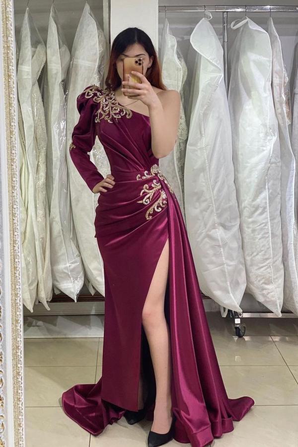 One-Shoulder Long Sleeves Prom Dress Split With Appliques