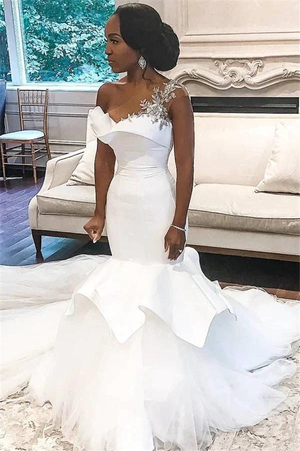 One shoulder Mermaid Bridal Wears with Ruffles Train (ZD16591)