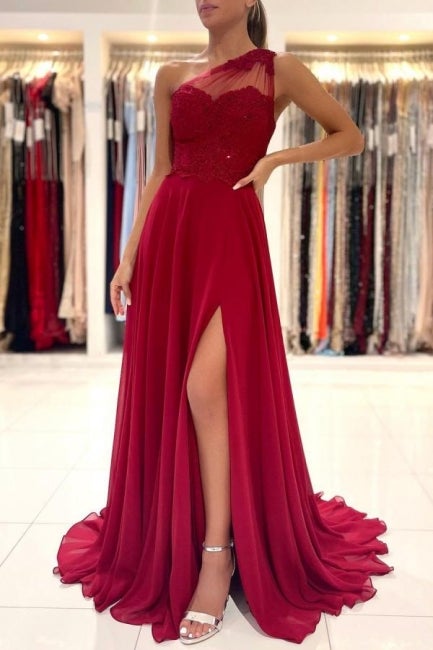 One-Shoulder Red Prom Dress Floor-Length Sleeveless Maxi Dress with Front Slit