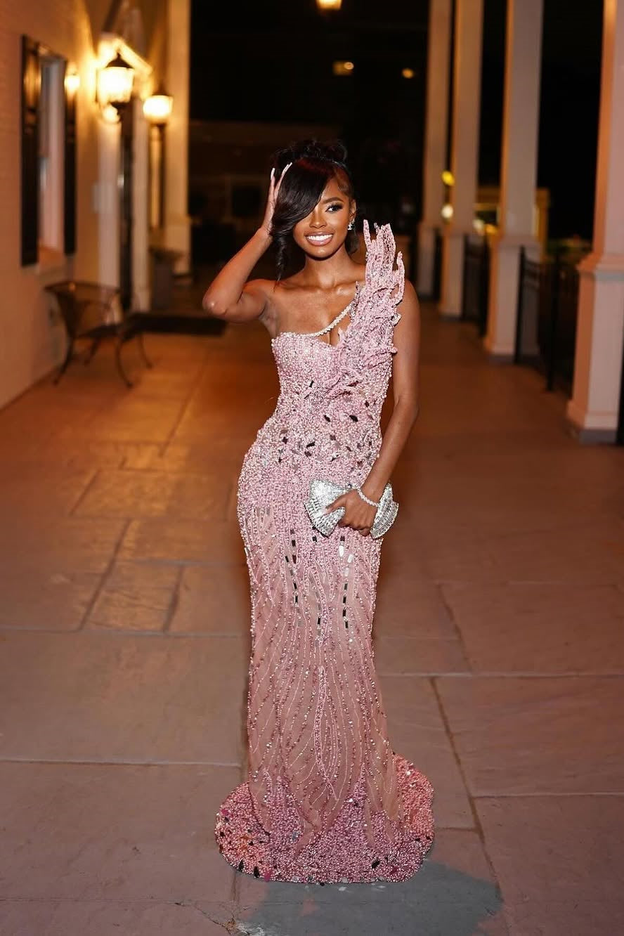 One shoulder Silver Beaded Pink Column Floor Length One shoulder Prom Dresses