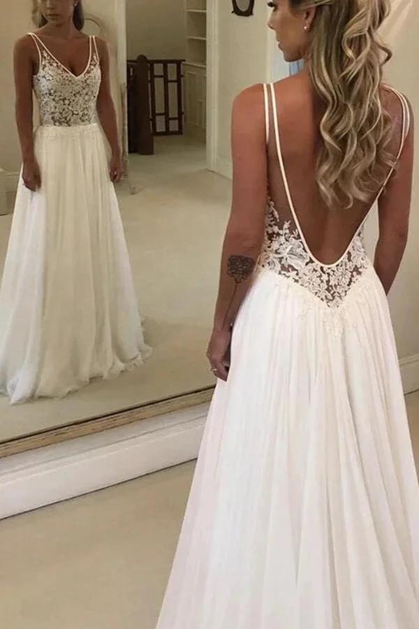 Open Back V-neck Lace Chiffon Wedding Dress (ZD14766)